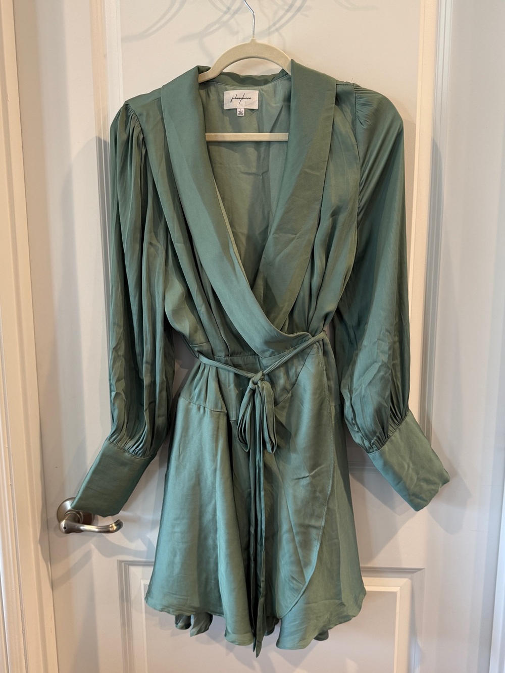 ✨JohnnyBecca✨ Sage Green Satin Wrap Mini Dress